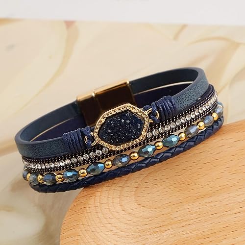 Miniatura 3 de Jewbelet - Pulsera de cuero estilo bohemio con cuentas de cristal con cierre de joyería para mujer