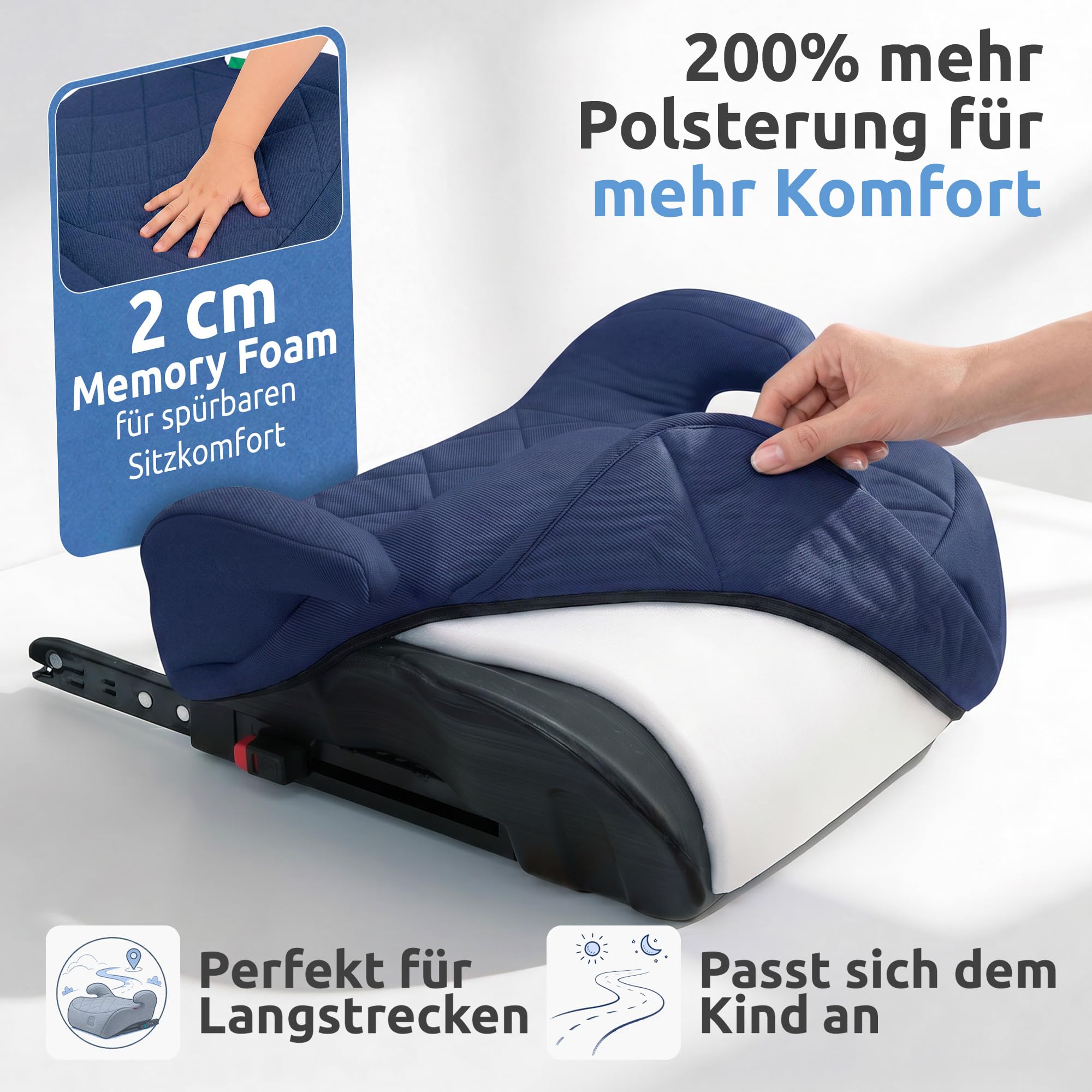 Mallie® Premium Kindersitzerhöhung Isofix mit 2 cm Memory Foam | Sitzerhöhung Auto Kinder 15-36 kg, ECE R129 | Kindersitz Isofix ab 6 Jahre, 125-150 cm (Blau)