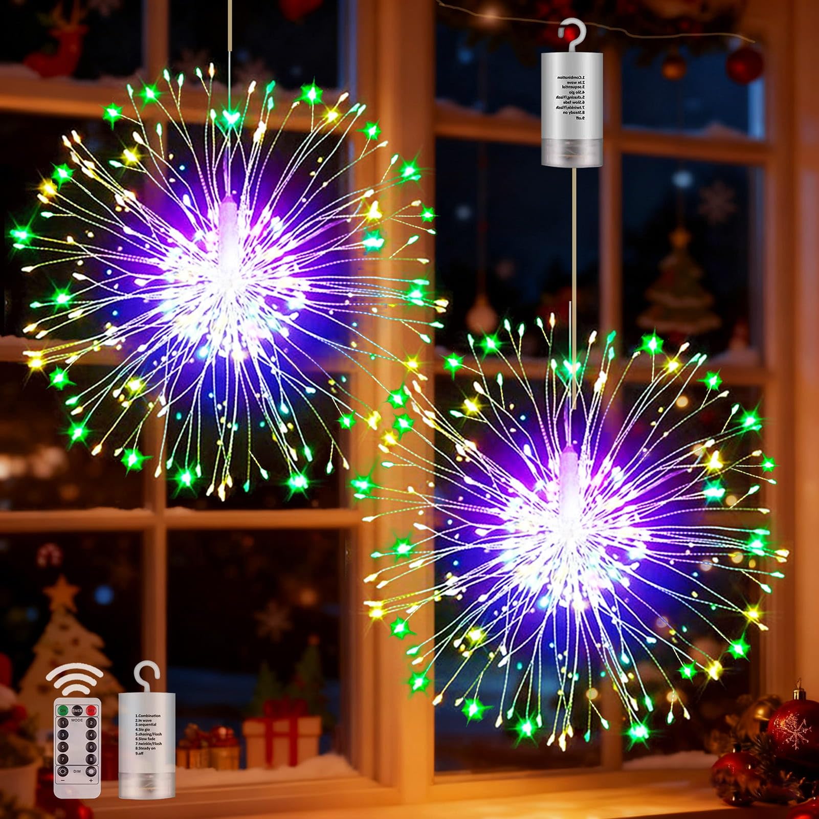yowin Hanging Christmas Firework Lights 2 x 198 LED Starburst Lights Battery Operated with Remote, 8 Modes Waterproof Christmas Window Light for Xmas Tree Outdoor Indoor Decorations - Multicolor [Energy Class A+++]