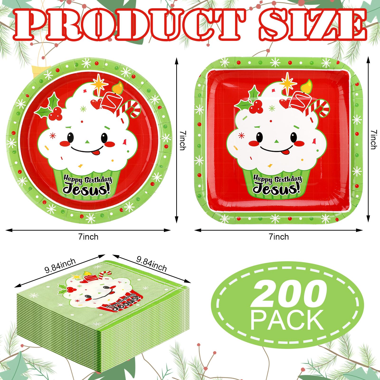 200 Stück Happy Birthday Jesus Party Geschirr-Set Einweg-Dinner-Party-Set 30 quadratisch 30 runde Happy Birthday Jesus Cupcake Pappteller 140 Cupcake Servietten für Weihnachten Jesus Party Supplies