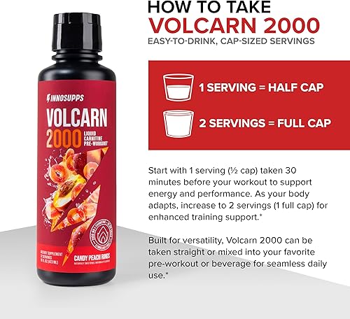 Miniatura 8 de InnoSupps Volcarn 2000 - L-Carnitina líquida, estimula la energía, sin cafeína ni edulcorantes artificiales, 32 porciones. Anillos de melocotón y