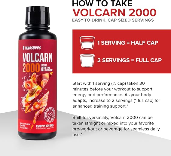 InnoSupps Volcarn 2000 - L-CARNITINE Advanced Energy Liquid | ATP Enhancer with GBEEC | Boosts Energy, Enhances Focus, Caffeine Free, No Artificial Sweeteners | 32 Servings (Candy Peach Rings)