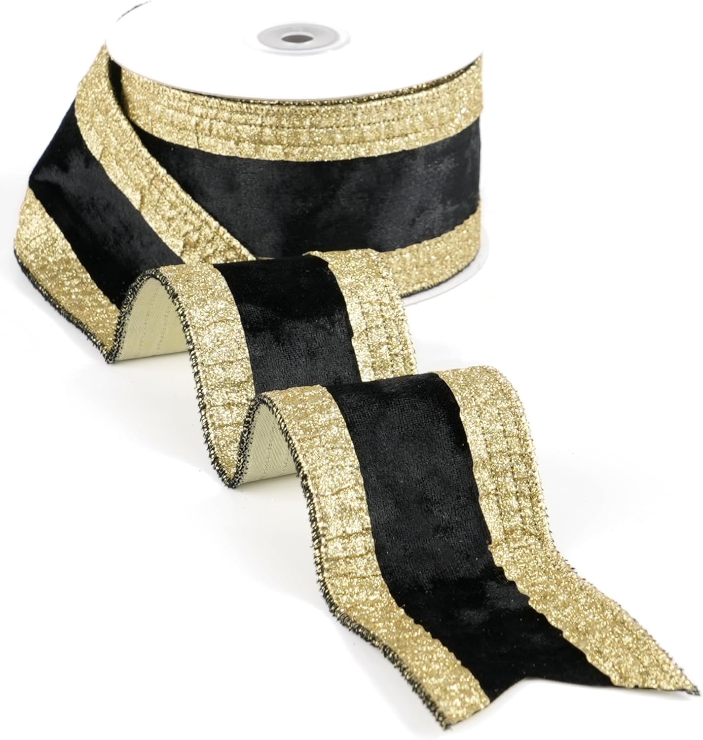 Black and Gold Velvet Wired Ribbon 2.5" X 10 Yards Black Velvet with Gold Glitter Border Stripe Christmas Ribbon for Tree, Wreath Supplies, Garlands Making, Crafts Projects, Home Decor