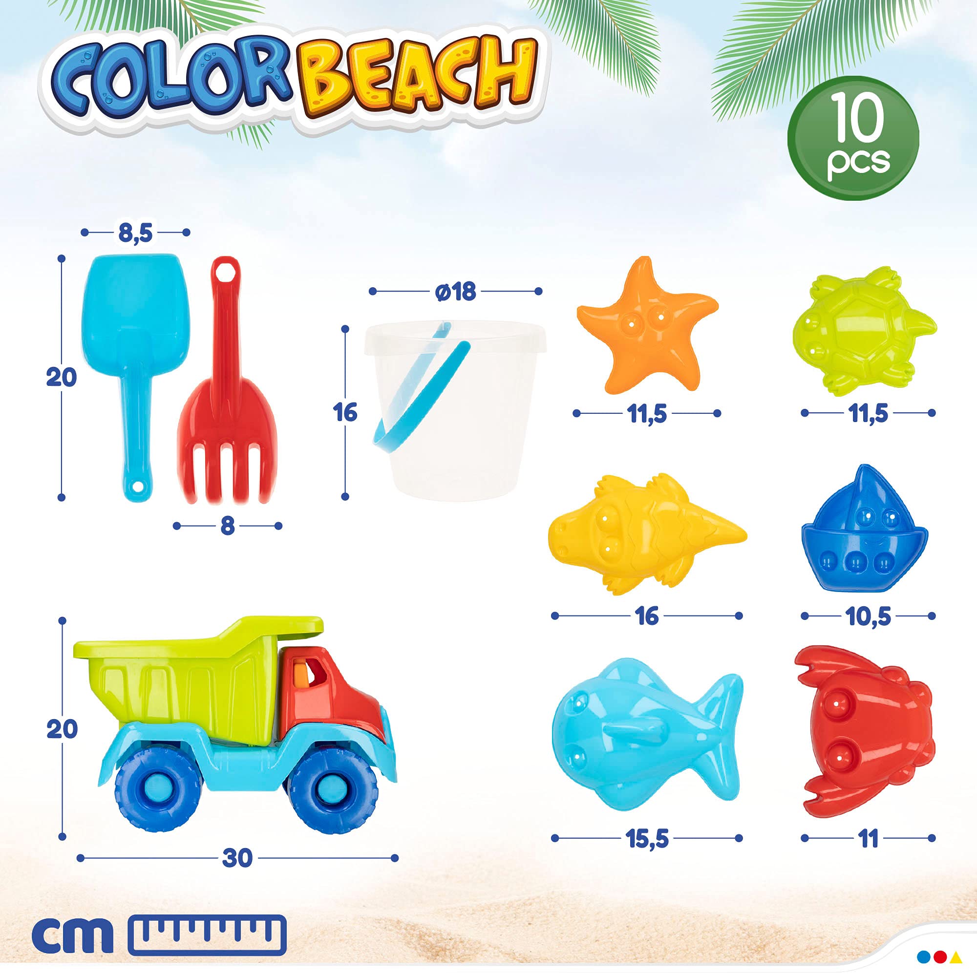 ColorBaby - Juguetes de Playa para niños, Bolsa Juguetes Playa, Cubo Arena, diámetro 18 cm, cedazo, Pala, rastrillo, regadera, camión, moldes Arena, 18mese (49273)
