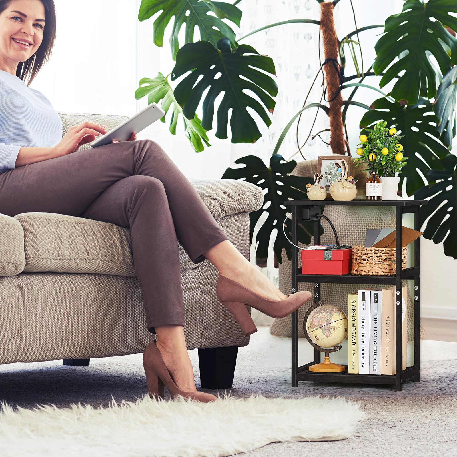 melos End Table with Charging Station, 3 Tier Bamboo Nightstands, Bedside Table with USB Ports and Outlets, End Table Side Table for Bedroom, Living Room, Nursery, Rustic Farmhouse Black