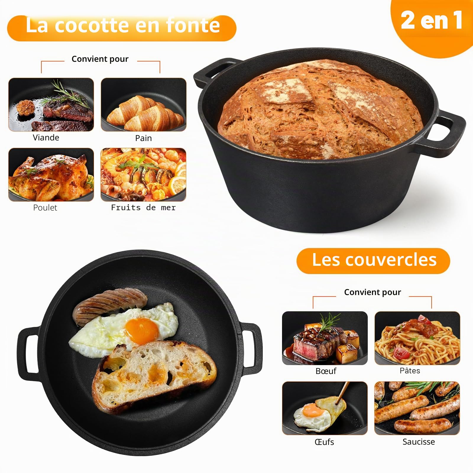 Casserole en fonte de 4,5 l - Couvercle tout-en-un - Idéale pour la cuisson du pain, le ragoût et la cocotte - Compatible avec induction, gaz, camping, feu, barbecue et barbecue - 26 cm