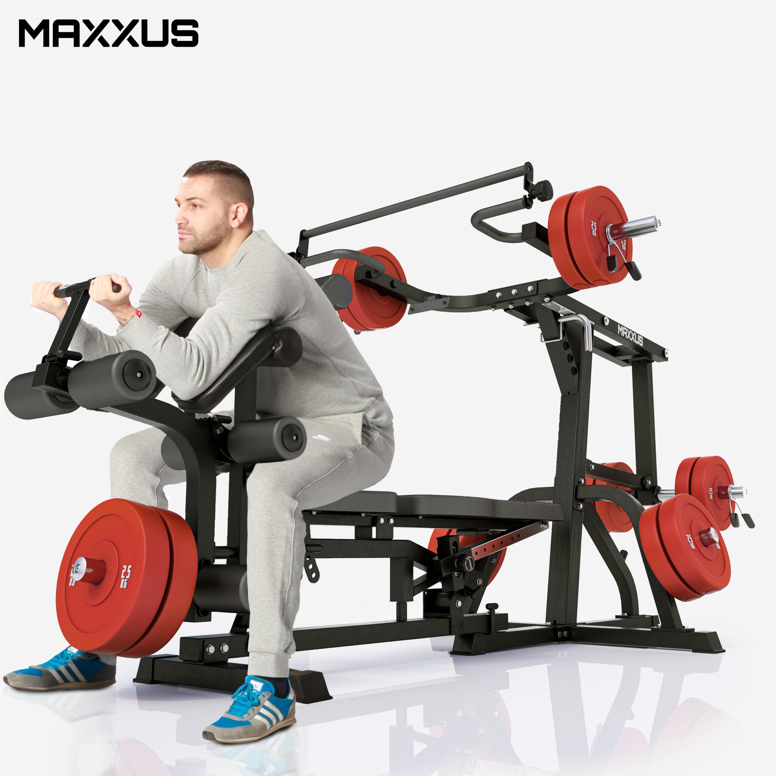 MAXXUS® Kraftstation 6.0 mit Verstellbarer Hantelbank und Olympia-Aufnahmen | Drehbare Trainingsbank mit Curlpult, Beincurl und Gleitlagern, geeignet für Bankdrücken und Kniebeugen in niedrigen Räumen