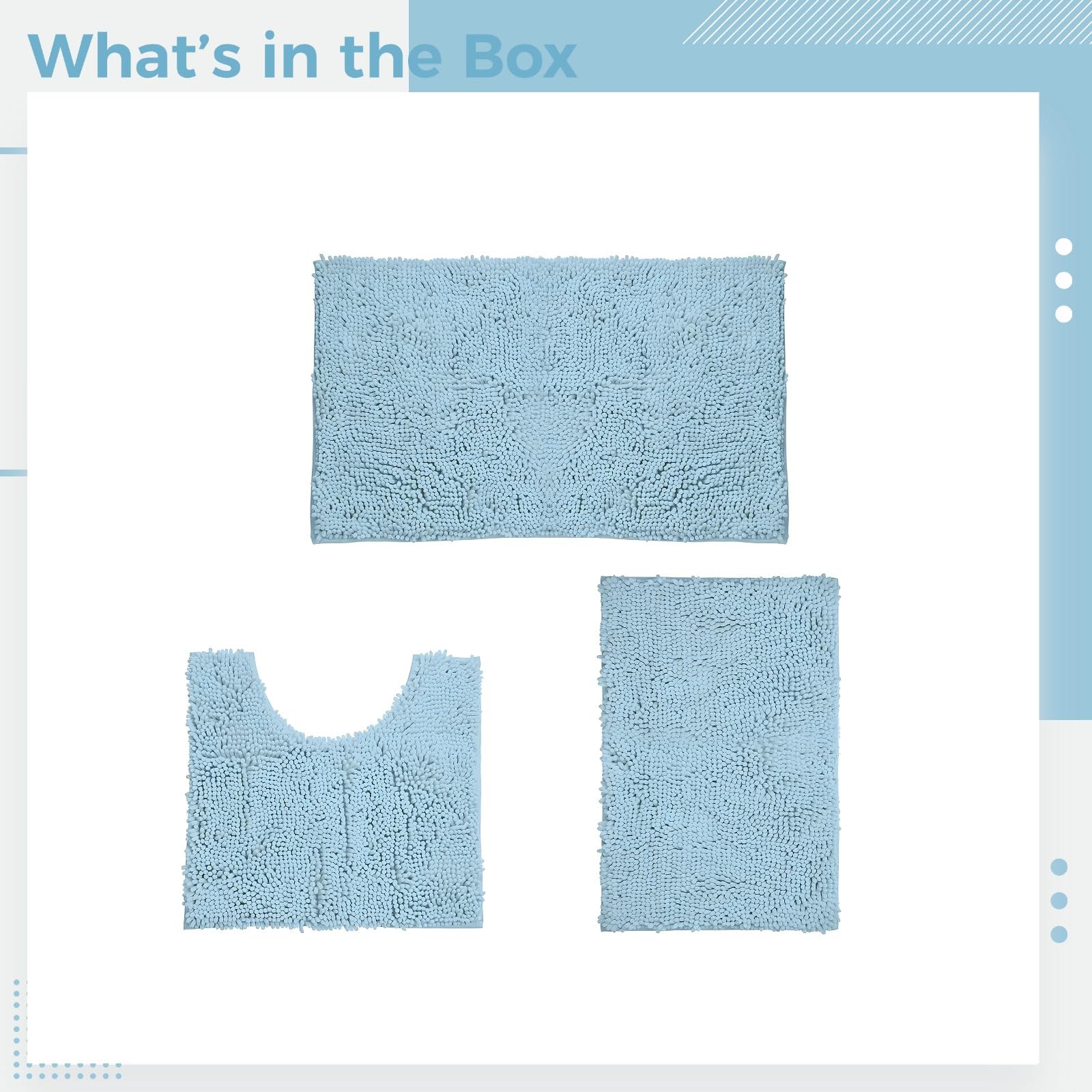 Juego de 3 alfombras de baño de microfibra de felpilla azul cielo, incluye tapetes grandes de 31 x 19 pulgadas, 19 x 19 pulgadas en forma de U y 15.5 x 23 pulgadas, antideslizantes, ultrasuaves y