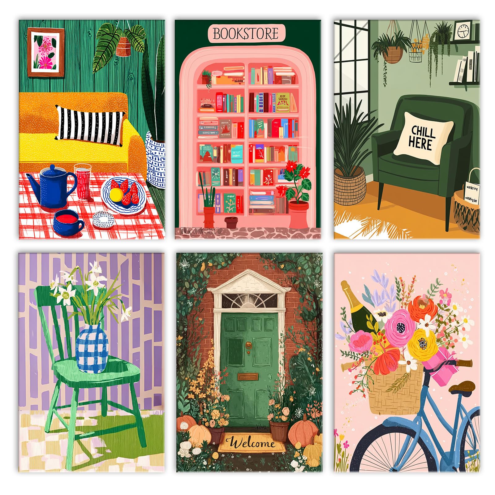 Walarky Warm and Inviting DΓ©cor Drawing Paint by Number Adults Set of 6 Pink Bookshelf Sofa Door Bicycle Flower Digital Oil Painting Frameless
