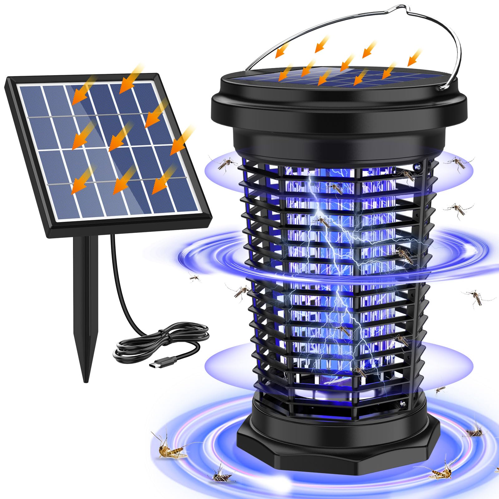 PALONE Lampada Antizanzara Solare 4500V da Appendere | Ricarica USB, Dotato di Pannello Solare Regolabile da 5,5W/5V e Cavo da 3,5m, Lunga Autonomia per giardini e spazi esterni