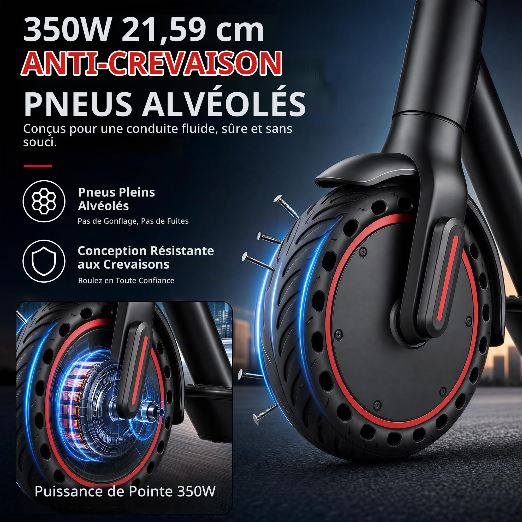 Trottinette électrique pliable pour adultes, 10,4 Ah, autonomie 25/35 km, pneus solides 8,5", charge maximale 120 kg, contrôle avec application