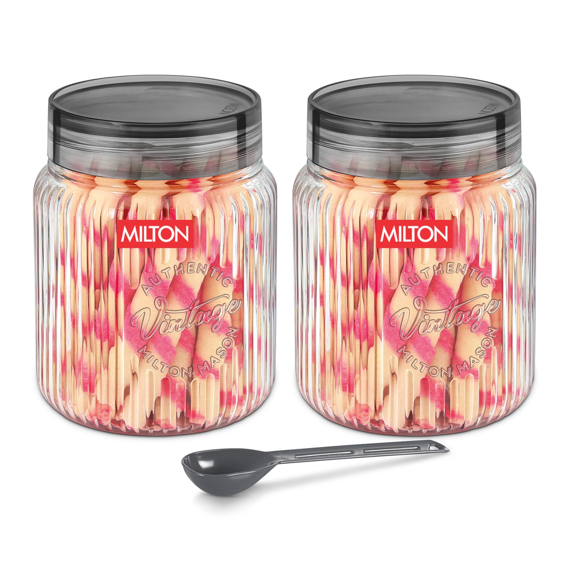MILTON Olive 1500 Airtight Food Grade Modular Plastic Container | BPA Free, Stackable & Transparent | Wide Mouth with See-Through Lid | Ideal for Cereals, Pulses, Spices, Set of 2, 1500 ml each, Grey