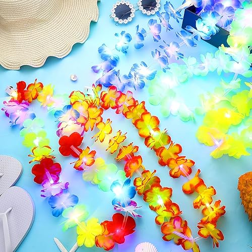 Miniatura 3 de Giegxin 12 collares con luces LED hawaianas Lei tropicales con luz Lei con luz LED de arco iris artificial para niños y adultos, fiesta temática