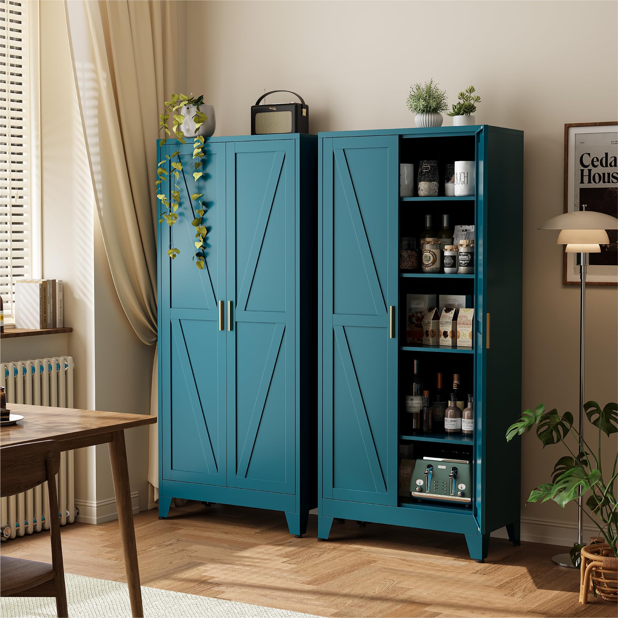 COFaR 71" Metal Pantry Cabinet in Peacock Blue, 5-Tier Storage with Adjustable Shelves, Modern Statement Cupboard for Kitchen, Bathroom &amp; Living Room
