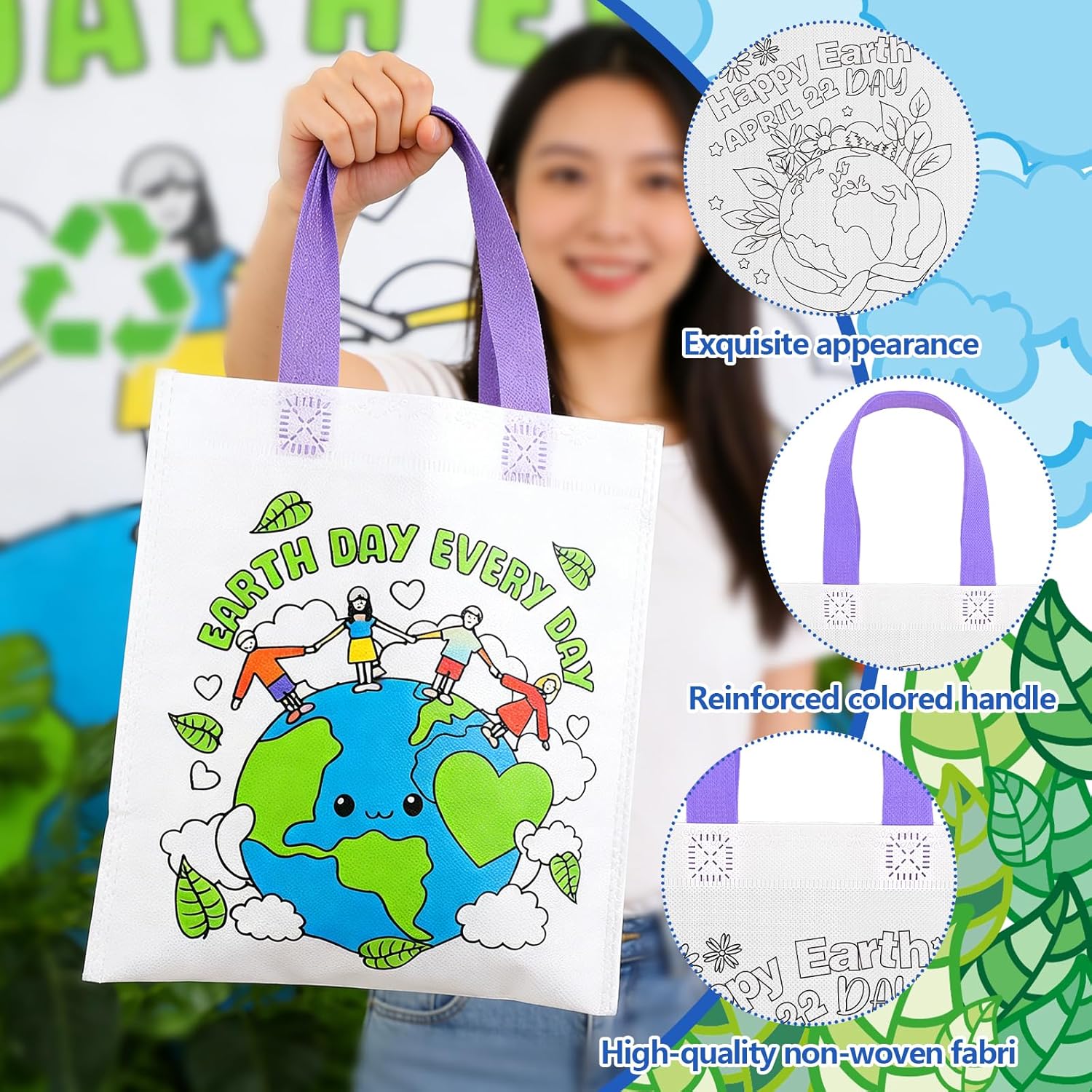 30 Pcs Earth Day Coloring Goodies Bags with Handle Earth Day Color Your Own Bags Bulk Green Ear-th Non Woven Coloring Tote Packet Ear-th D-ay Coloring Tote Bag for DIY Crafts Painting Party Supplies
