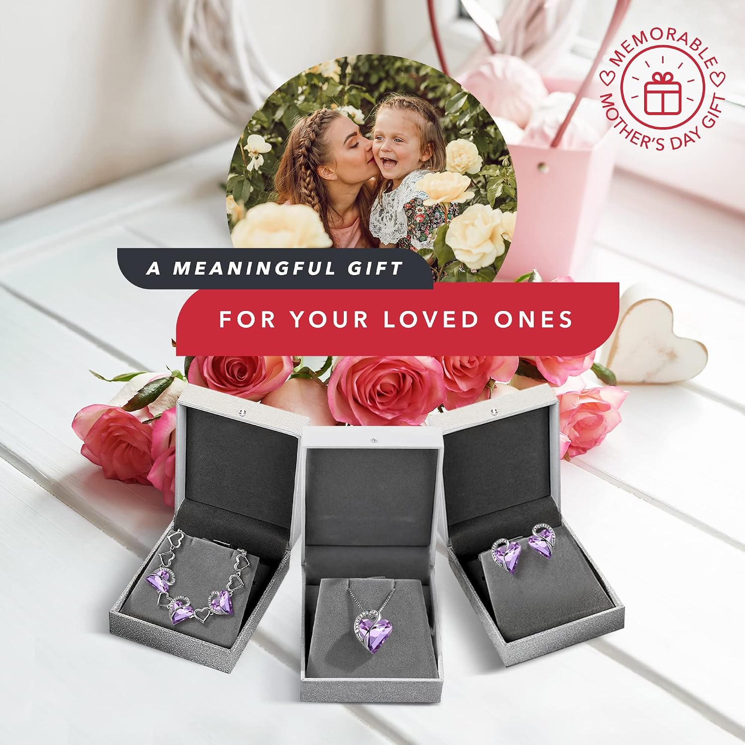 Leafael Infinity Love Heart Necklace, Stud Earrings, and Bracelet for Women, June Birthstone Crystal Jewelry, Silver Tone Gifts for Women, Alexandrite Light Purple