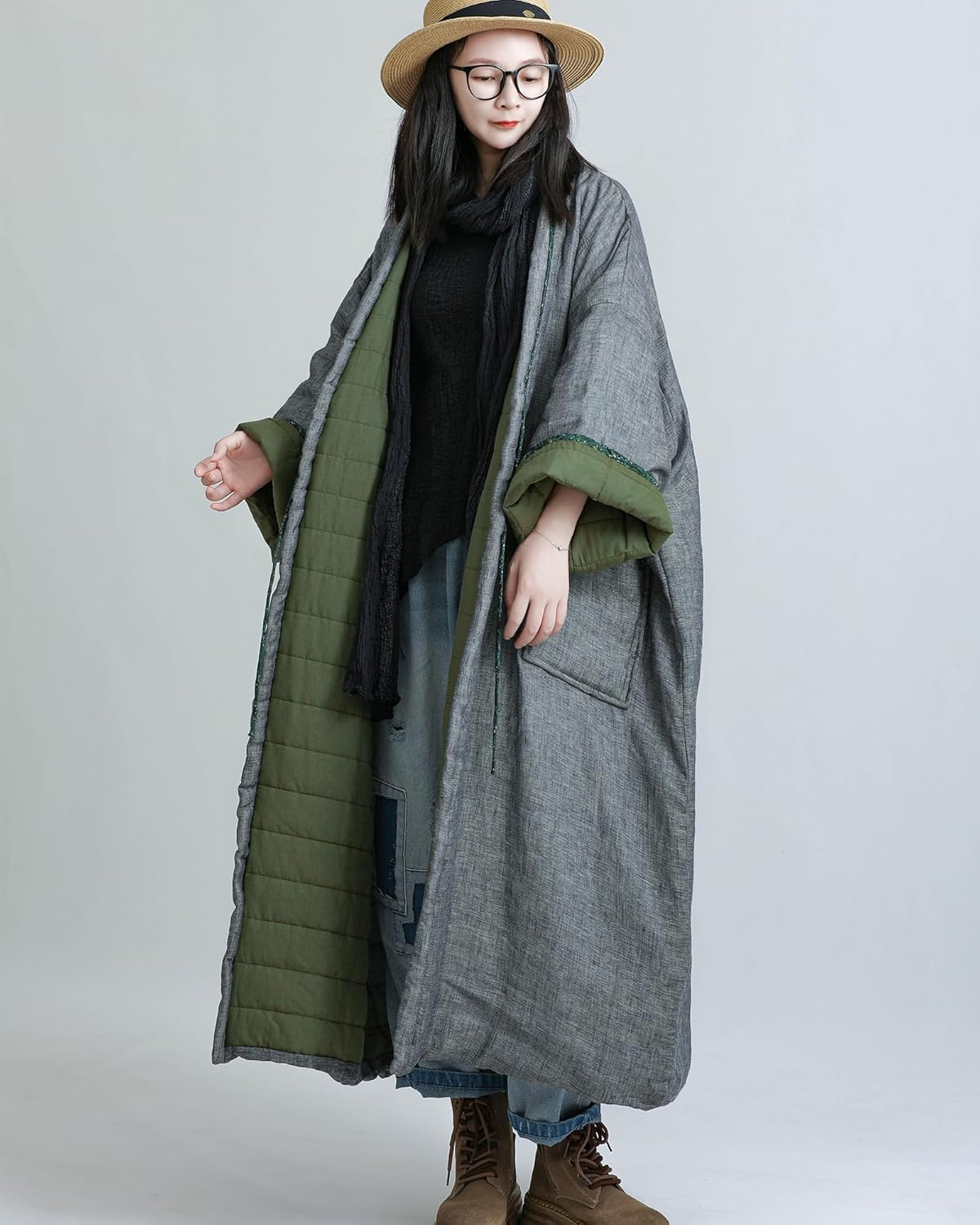 LZJN Women's Warm Quilted Cardigan Long Jacket Vintage Linen Loose Outwear Fall Winter Lace Up Coats with Pockets