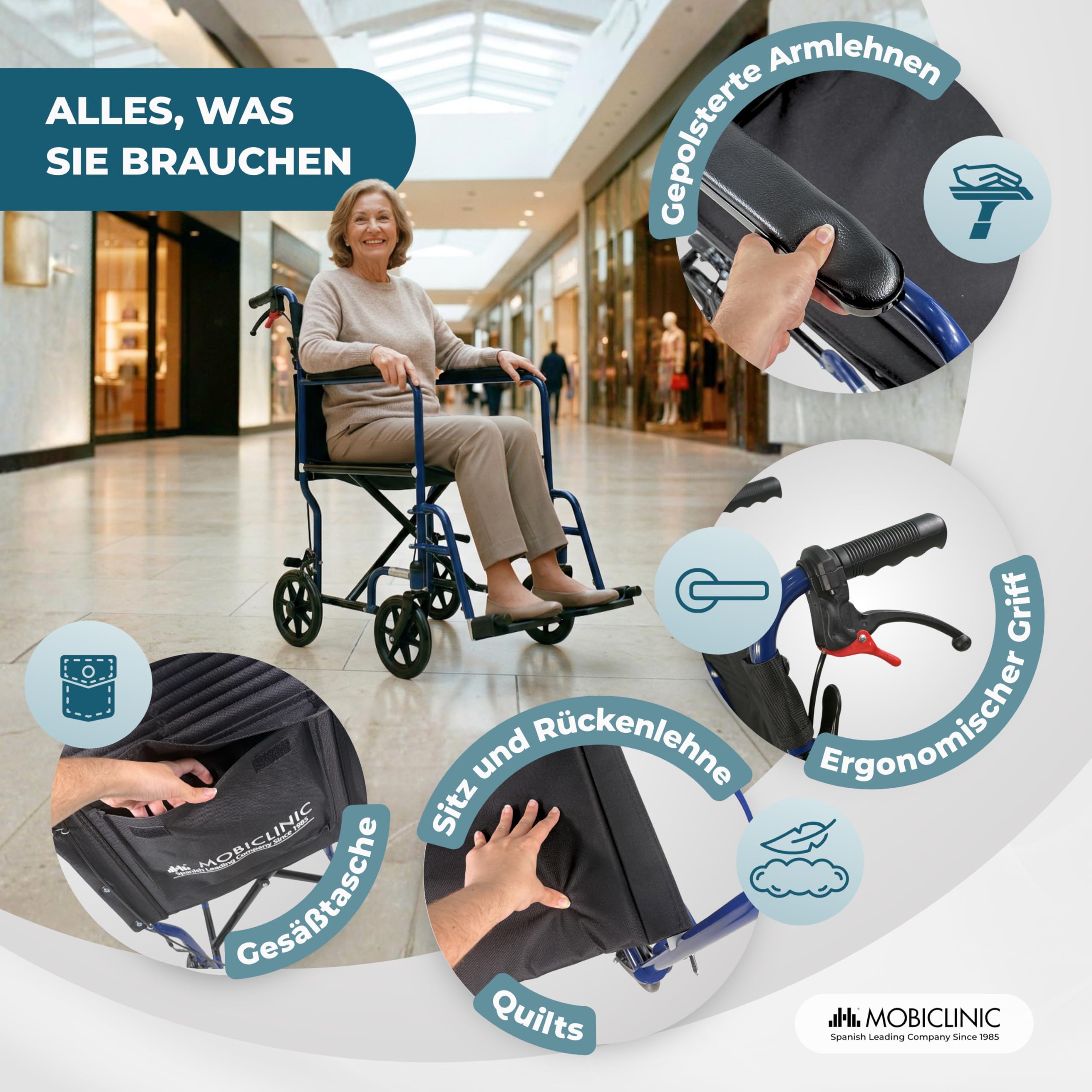 Mobiclinic®, Rollstuhl Faltbar, Transportrollstuhl, Klappbare Rückenlehne, Abnehmbare Fußstützen, Doppelbremssystem, Gepolsterte Armlehnen, Stahl, Leicht und Kompakt, Napoli