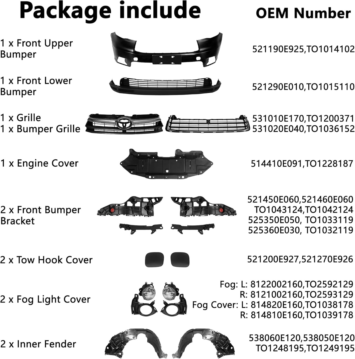Front Bumper Cover Kit Compatible with 2014-2016 Toyota Highlander | Replace OE/Part NO.521190E925/TO1014102, 521290E010/TO1015110,531010E170/TO1200371 Primed & Chrome with Grille & Fog Lights