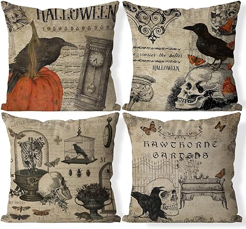 AOFANGGO Juego de 4 fundas de almohada de Halloween de Halloween, diseño de calaveras vintage, cuervos, decoración de lino sintético, 18 x 18