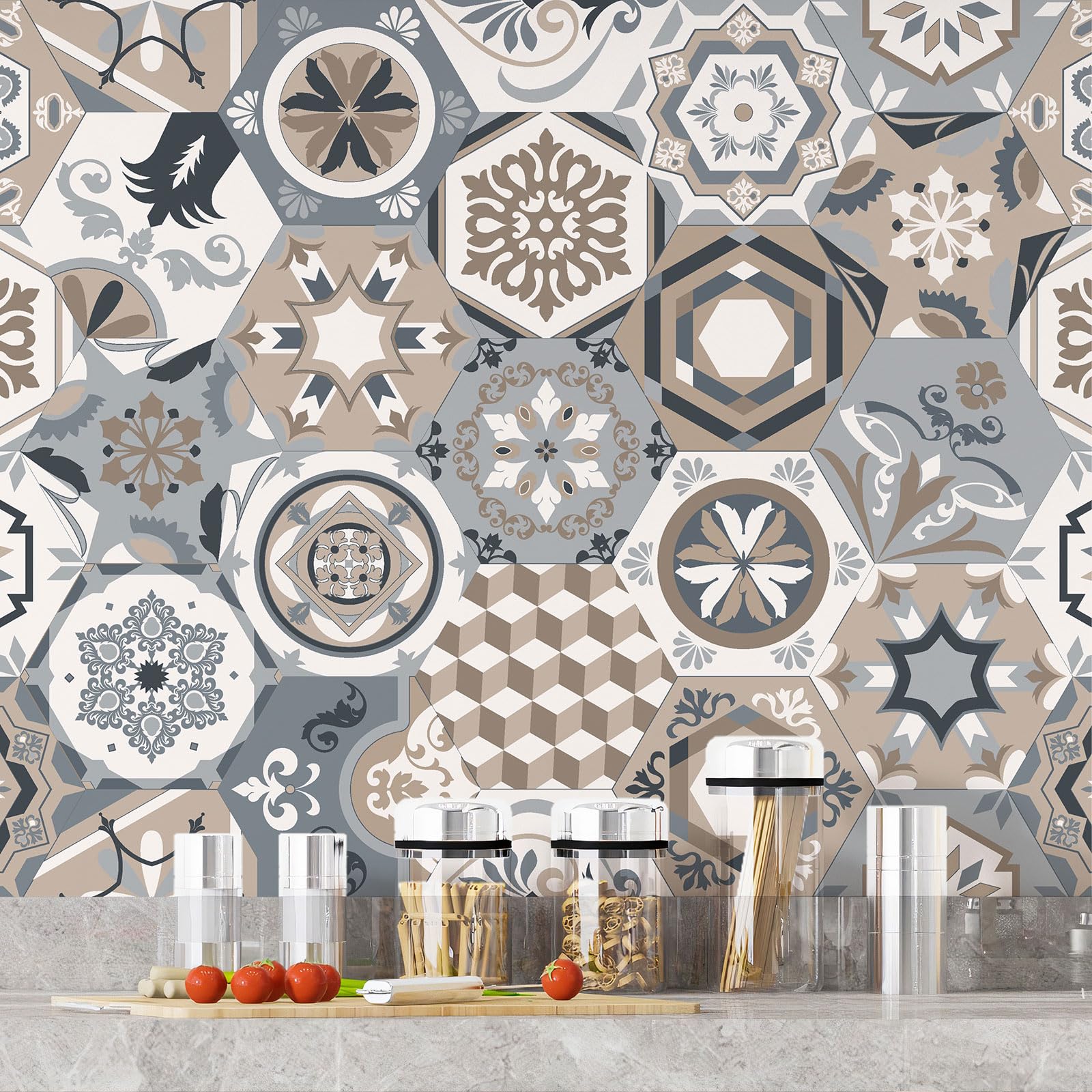 Lumalea Adesivo per cucina, effetto piastrelle di cemento, 3617681297475, adesivo + protezione lucida, 90 x 117 cm