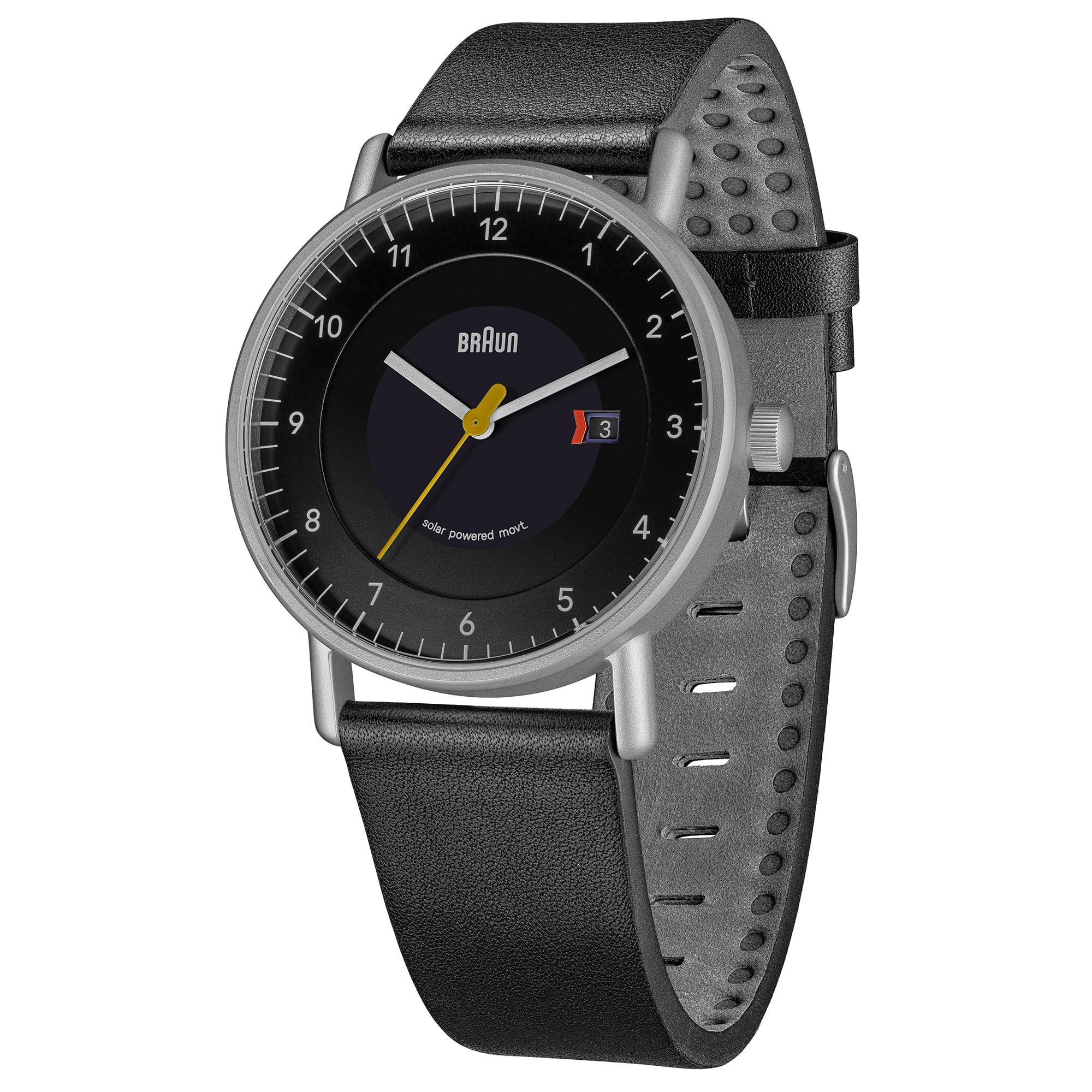Braun 3-Zeiger-Herrenuhr mit solarbetriebener Quartz-Datumsanzeige, schwarzes Ziffernblatt und schwarzes Lederarmband, 40-mm-Edelstahlgehäuse, Modell BN0301BKBKG