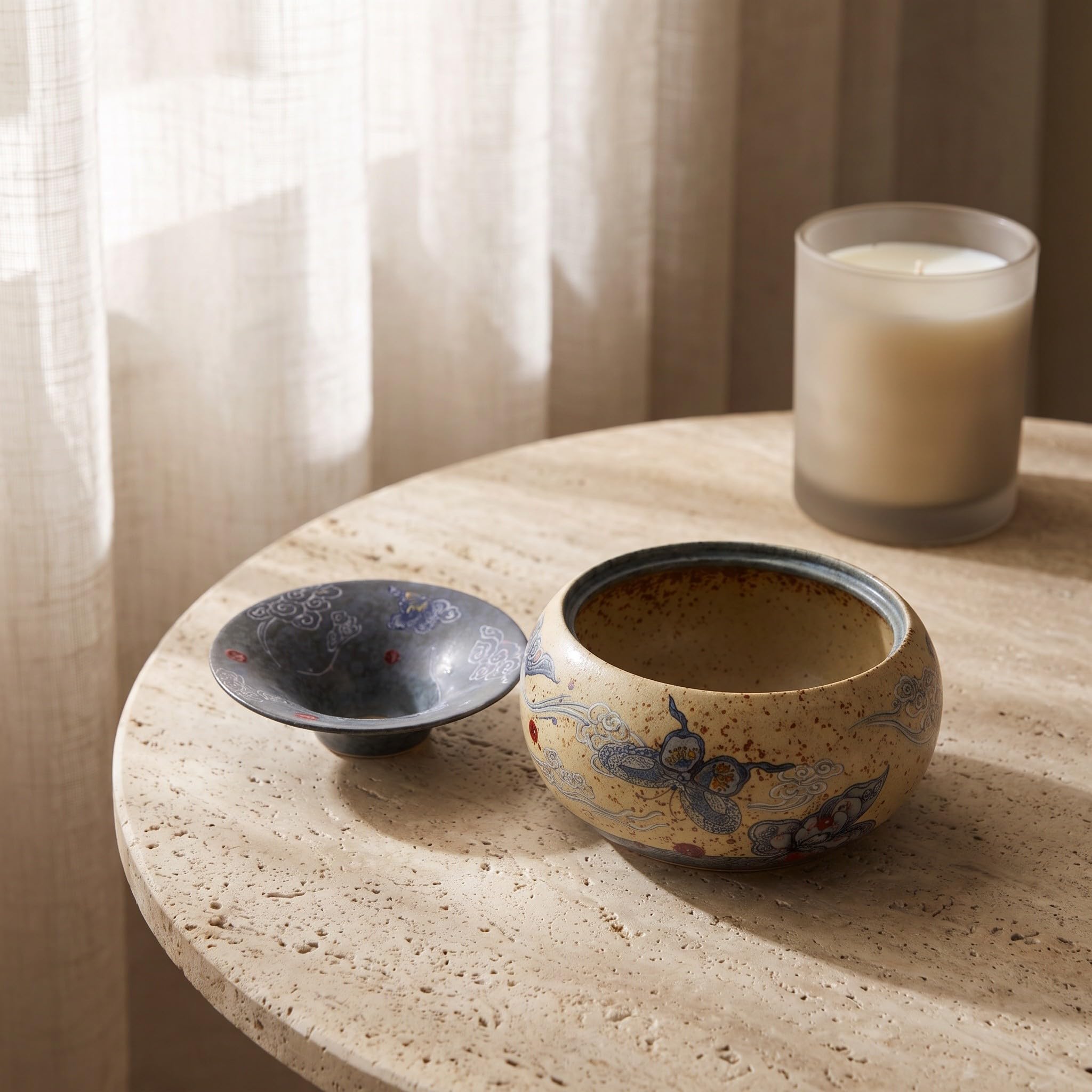 Artibetter Posacenere a imbuto in ceramica in stile retrò - Posacenere da tavolo per sigari resistente alle intemperie con motivo orientale - Portacenere rotondo da 14 cm per scrivania, ufficio e