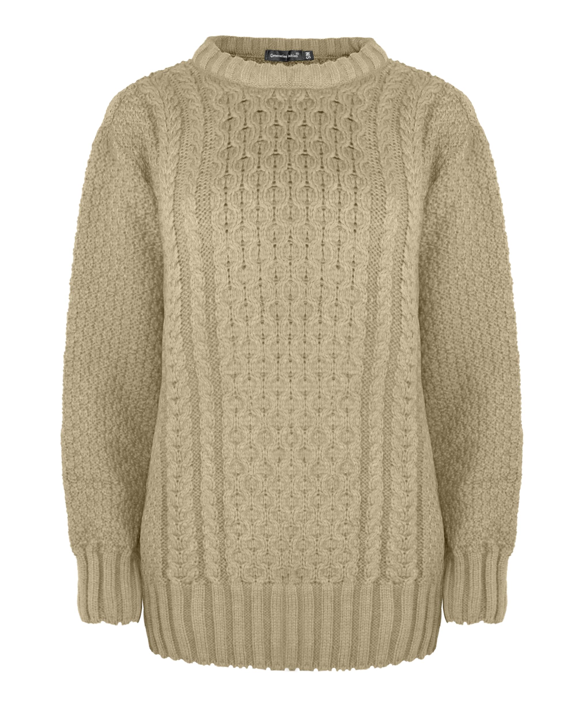 Generation Fashion New Ladies Women Aran Knit Long Sleeve Crew Neck Knitted Cable Jumper Sweater Pullover Top 8-30 (Stone, 28-30)