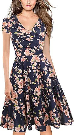 oxiuly Women's Casual Dresses Criss-Cross V-Neck Floral Flare Midi Summer Dress OX233