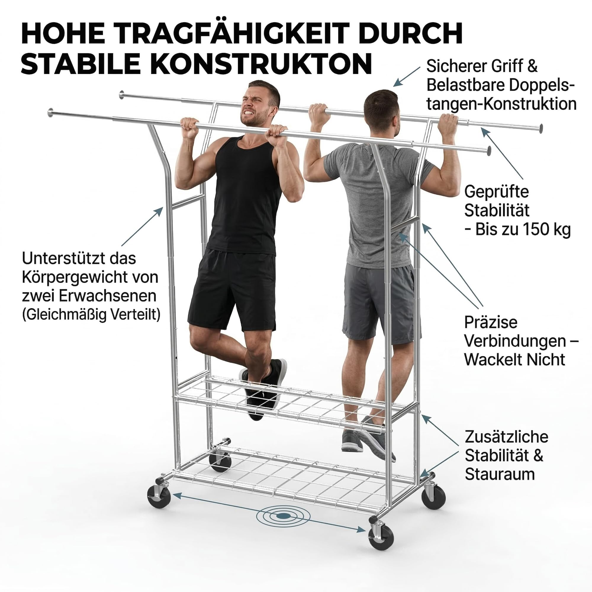 Schwerlast Kleiderständer auf Rollen, Doppelte Kleiderstange bis 150 kg belastbar, Ausziehbar 130-190 cm, Industrie-Design Garderobenständer mit 2 Ablagen, Chrom