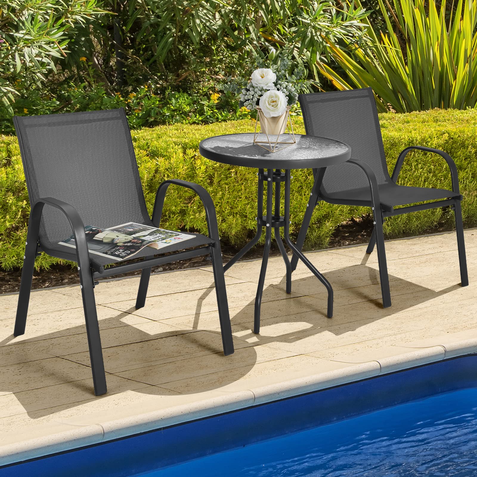GYMAX Set Bistro da Esterno 3 Pezzi, 2 Poltrone e 1 Tavolino in Vetro Temprato, Telaio in Acciaio, per Giardino, Cortile, Balcone, Grigio