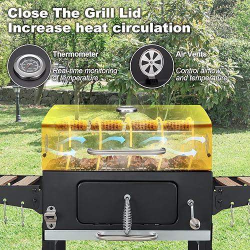 Miniatura 6 de MELLCOM Parrilla de carbón con mesa auxiliar plegable de madera, 338 pies cuadrados. Área de barbacoa con bandejas de carbón de elevación