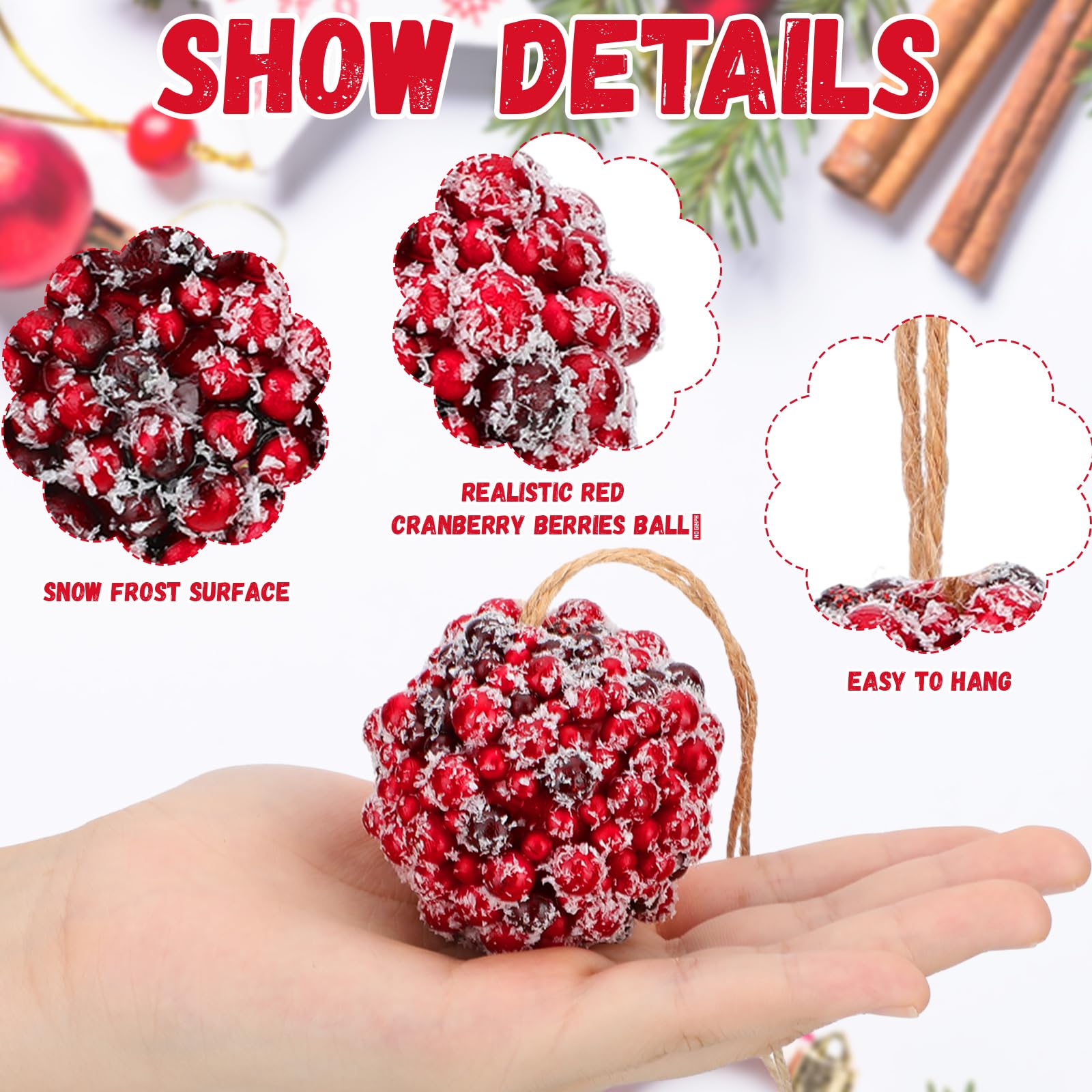 Liliful 24 Pcs Frosted Red Berries Ornaments Red Cranberry Berries Ball Ornament Decorative Berry Balls Christmas Ornament with Rustic String Hanging Cranberry Decorations for Christmas Tree