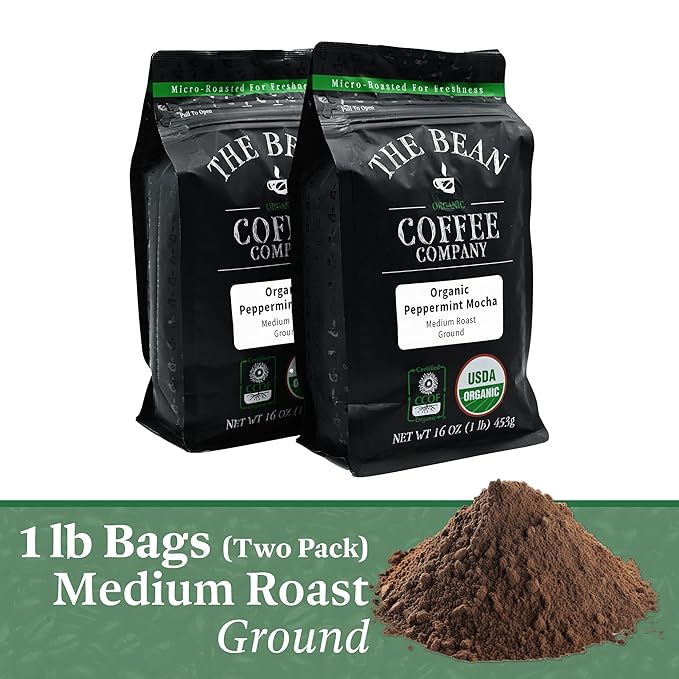 The Bean Organic Coffee Company's Peppermint Mocha is a medium roast ground coffee that comes in 16-ounce bags, with a pack of 2 bags included in each purchase. This coffee is made using organic ingredients, ensuring a high quality and environmentally friendly product.