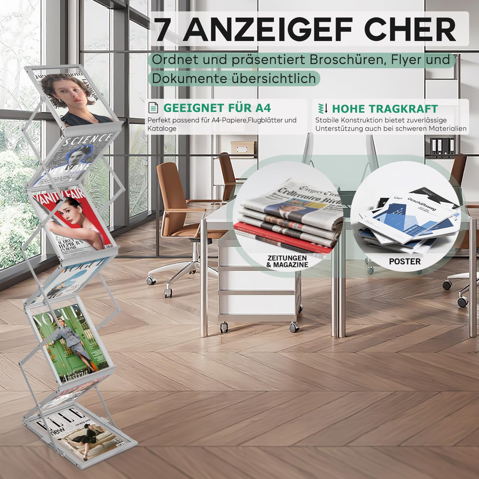 SUNDOY Tragbarer A4 Prospektständer mit 6 Ausstellungsfächern – Beidseitiger, faltbarer Bodenständer für Broschüren, Flyer, Zeitschriften und Kataloge für Ausstellungen, Showroom & Empfang