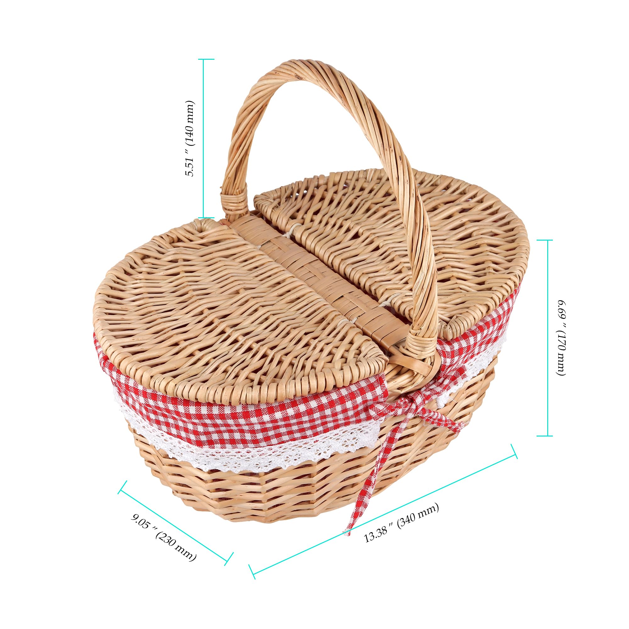 Picknickkorb mit Deckel, großer Weidenkorb mit henkel und Liner,34x23x17cm