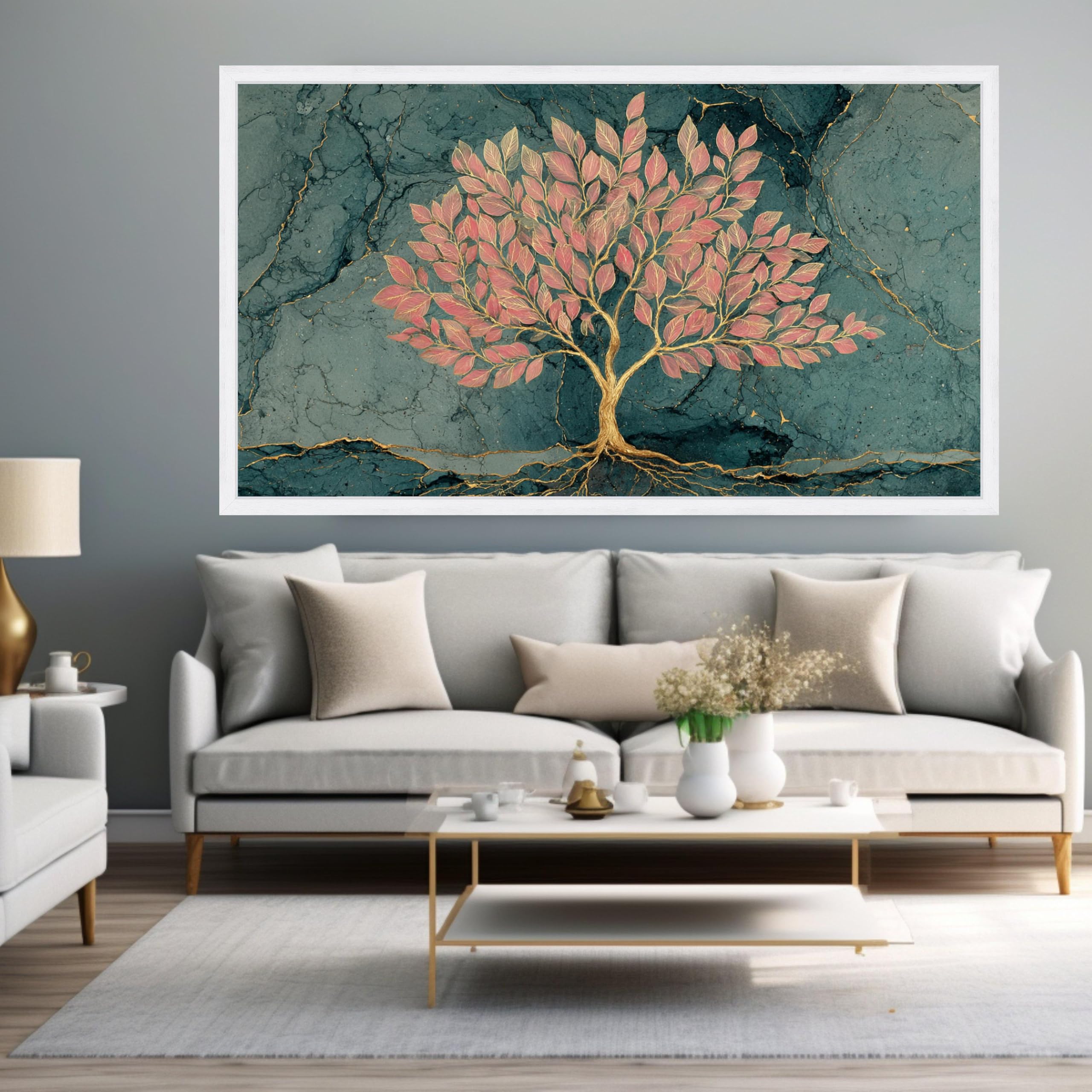 LMYCHENG Gold Branch Tree Canvas Wall Art, Pink Leaves Painting, Blue Marble Background, Nature Canvas Artwork(45x80cm/Frameless)