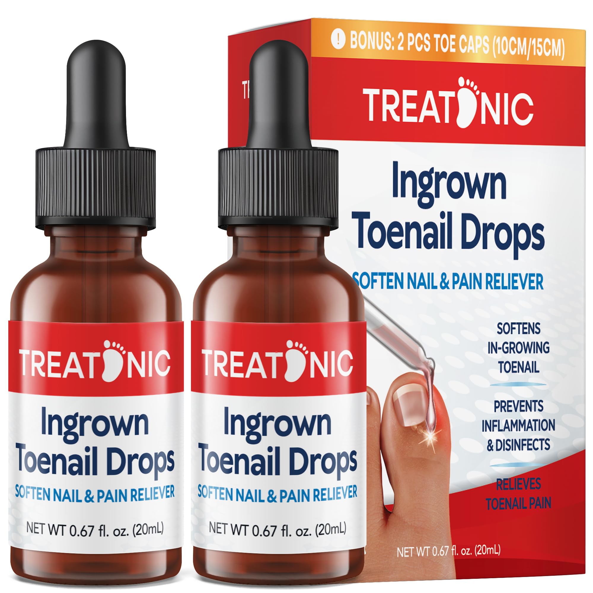 Treatonic Ingrown Toenail Treatment Drops - Ingrown Toenail Softener and Reliever Kit for Easy Trimming with Silicone Gel Toe Caps - 2 Pack