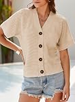 Dokotoo Womens Summer Tops 2026 Waffle Knit Button Down Shirts Dressy Casual V Neck Short Sleeve Blouses