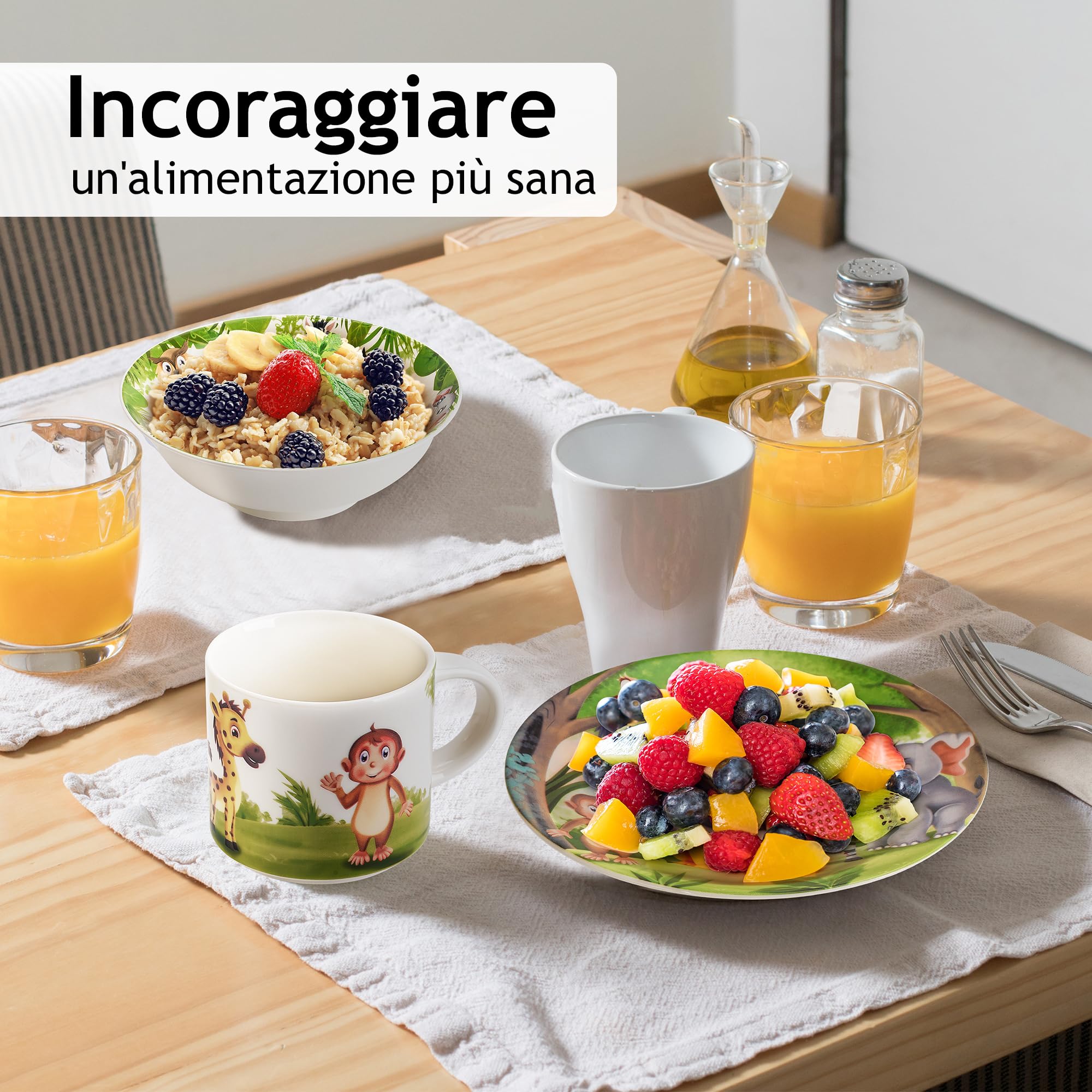 MIAMIO - Set di 3 stoviglie per bambini/piatti per bambini, set di piatti per bambini, set di stoviglie per bambini - include piatti, ciotole e tazze - per bambini e bambini piccoli (Giungla)