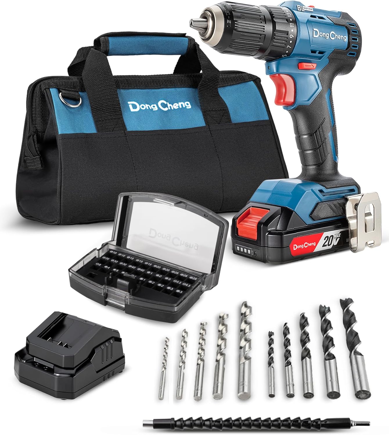 DongCheng Cordless Drill Driver 20V Max,1/2” Keyless Chuck Brushless Power Drill (0-600/2000RPM) with 42pcs Drilling/Driver Kit, 2.0 Ah Li-ion Battery and Fast Charger, DCJZ2050