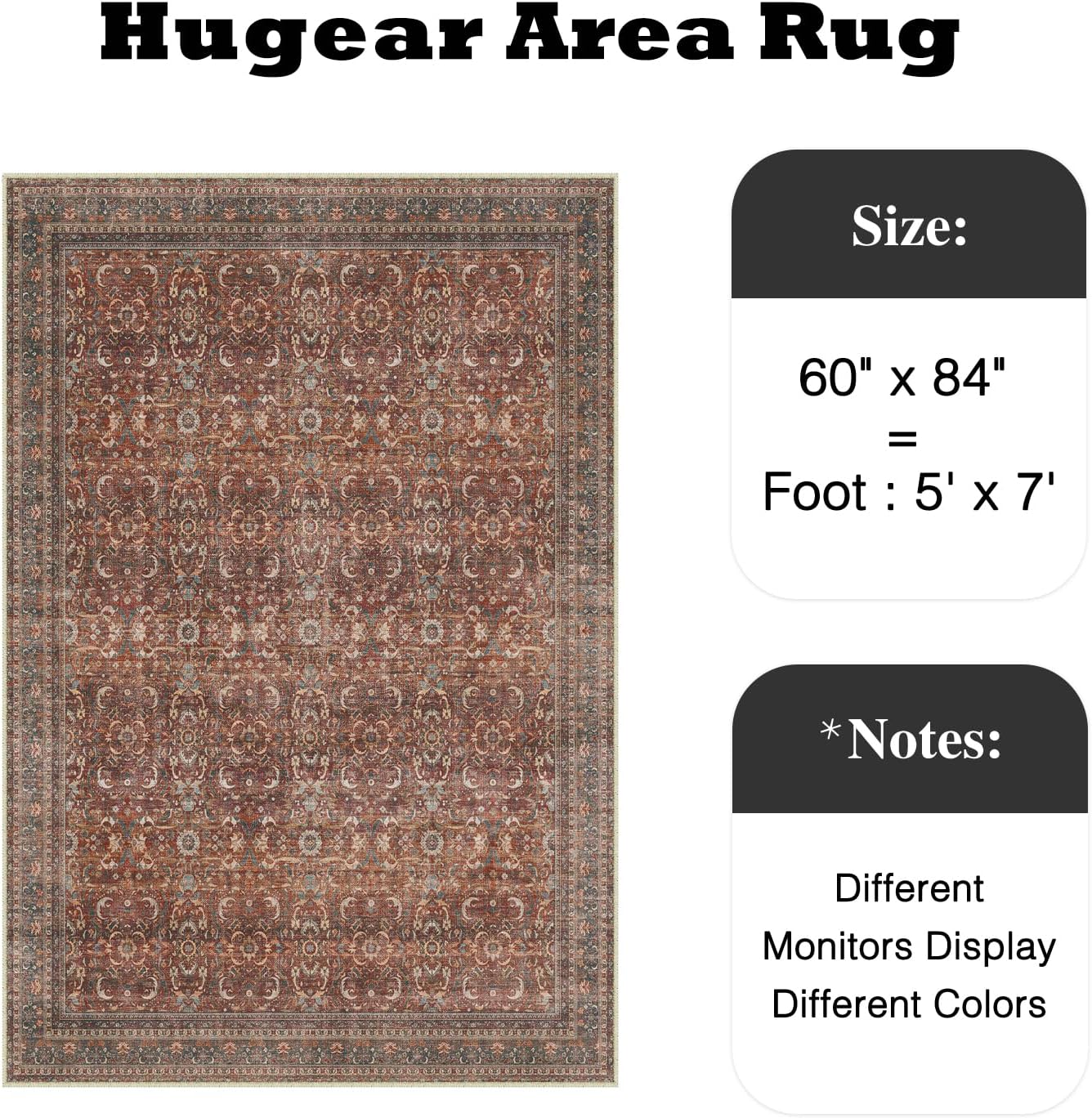 HUGEAR Area Rug 5x7 Vintage Brick Red Machine Washable Living Room Rugs Distressed Retro Floral Vacuumable Low Pile Carpet Bedroom Office Dining Room Laundry Room Non Slip Soft Lightweight