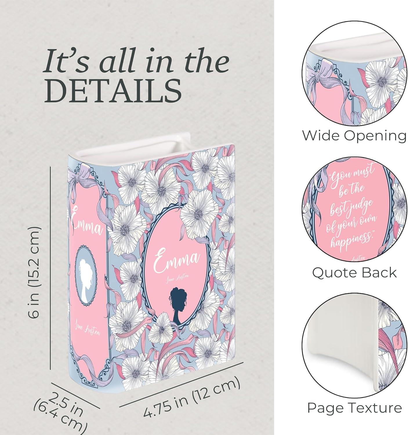 Steel Mill & Co Original Book-Shaped Decorative Vase, Ceramic Vases for Home Decor, Cute Bookshelf Decor, Unique Vase for Book Lovers (Small - Emma)