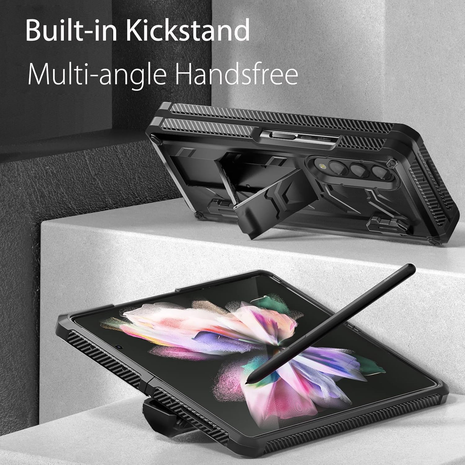 Rugged Case Armor for Samsung-Galaxy-Z-Fold-3 w/ Built-in [Kickstand] [S Pen Holder] [Screen Protector] [Hinge Protection], Heavy Duty Shockproof Protective Cover NOT FIT Z Fold 4/2 (Black)
