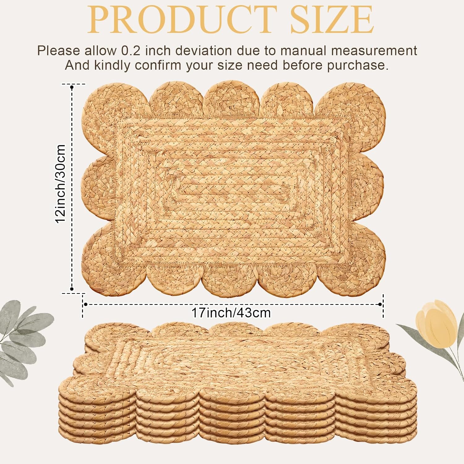 6 Set 17" x 12" Woven Rattan Placemats, Scalloped Edge Square Rattan Placemats, Long-Lasting Boho Rustic Farmhouse Braided Straw Table Mats Natural for Home, Dining Plate Table Decor, Party