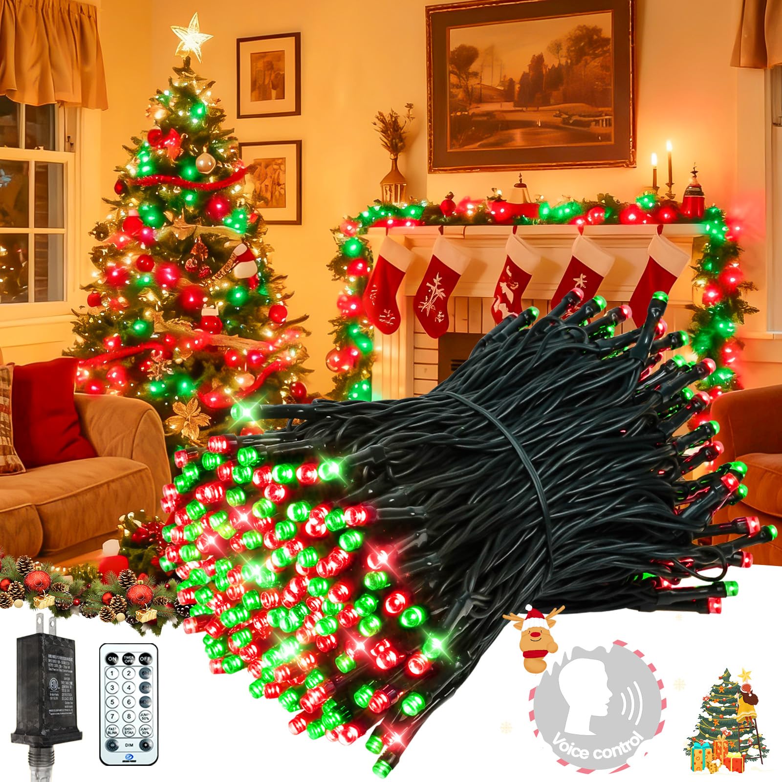 Voice Control 88Ft 240LED Christmas String Lights with Remote, Red Green