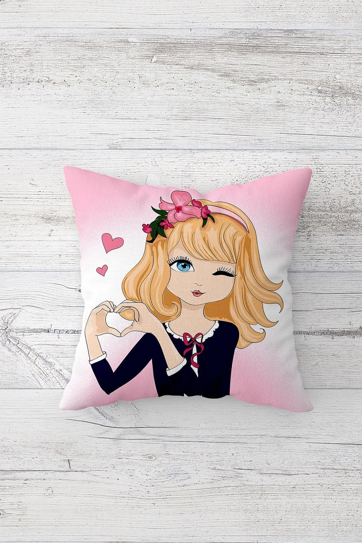 Pelangi Bisikletli Make Up Girl Gizli Fermuarlı Kırlent Kılıfı Koltuk Yastık Kılıfı Takım(4ADET), Beyaz - Pembe 45 x 45