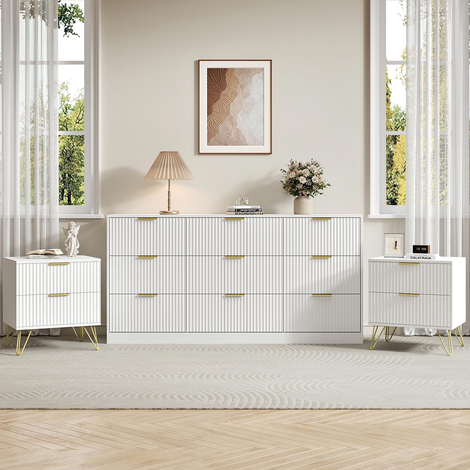 Sscaktu 9 Drawer Dresser and Nightstand Sets for Bedroom, 3 Pcs Bedroom Set, Night Stand Set of 2 & 9 Drawer Dresser with Gold Handles, Modern Wood