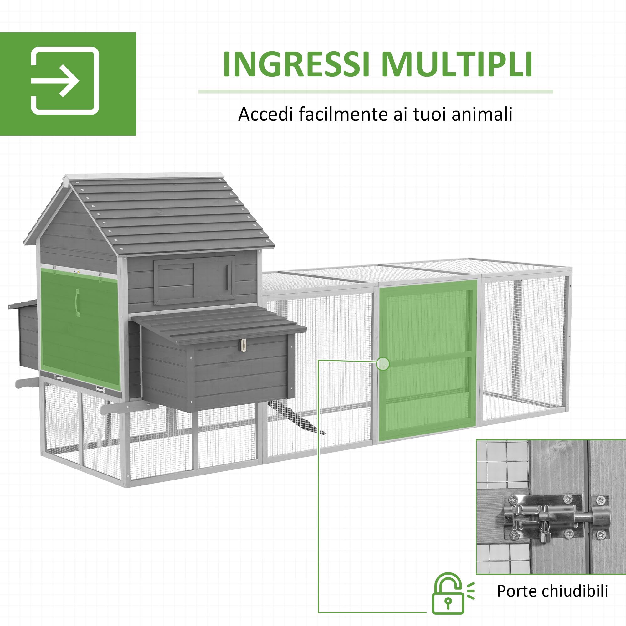 PawHut Pollaio in Legno con 2 Nidi, Pollaio per Galline Ovaiole da Esterno, Casetta per 4-6 Galline con Rampa e Area Aperta Recintata, Facile Pulizia, 310.5x149.5x149 cm, Grigio