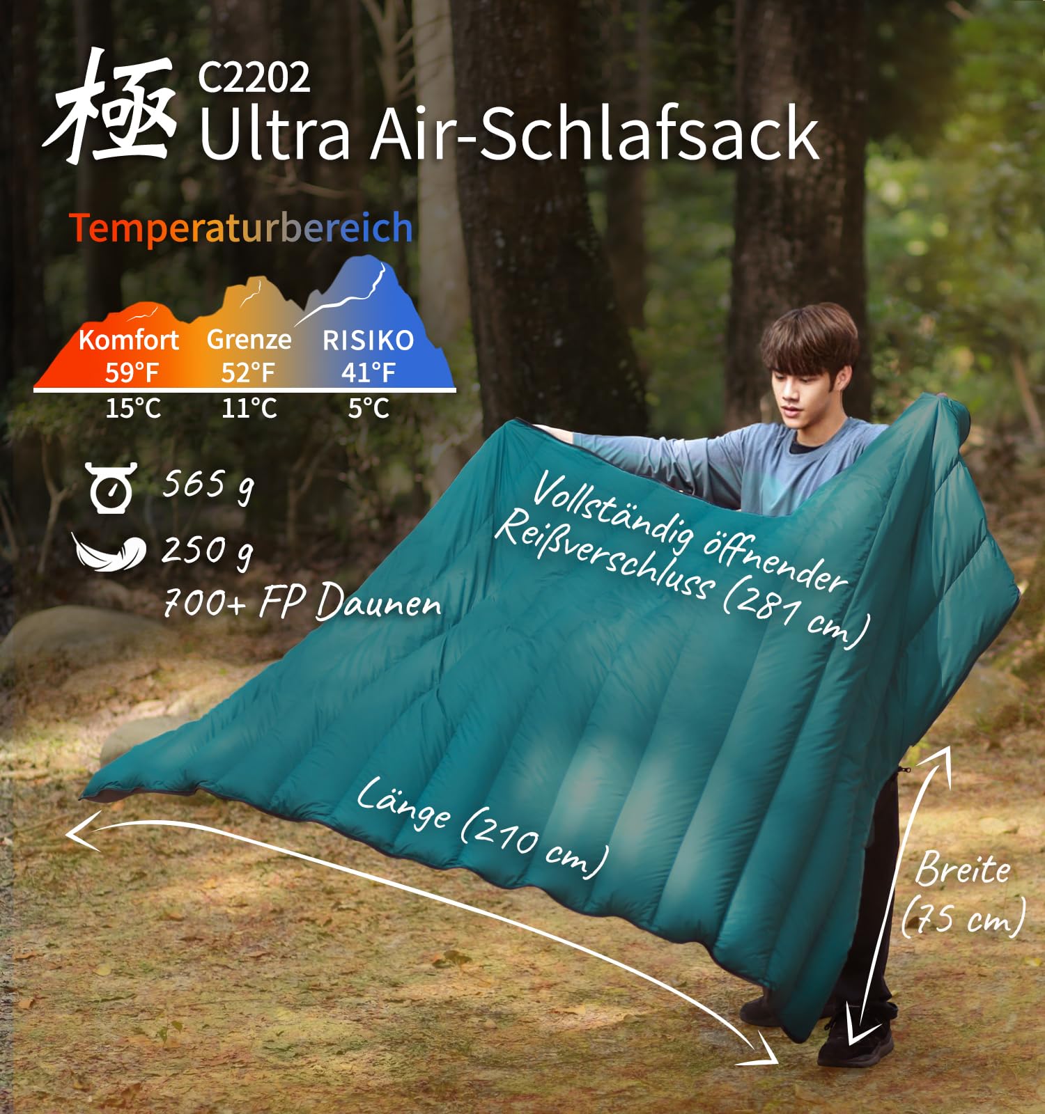 Litume 565g,Die komfortable Temperatur von15°C kombinierbarer Daunenschlafsack, Leichter, kompakter Schlafsack für Erwachsene, Doppelschlafsack, zum Wandern, Camping, für die Familie